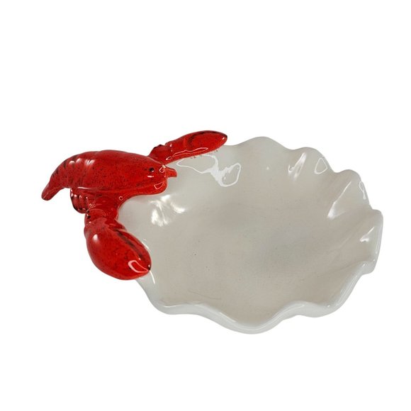Unmarked Other - Lobster Dish Bowl Shell Clam Scalloped Red White Ceramic *Chipped*